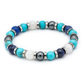 Men's Prosperity and Clarity Beaded Bracelet with Lapis Lazuli, Belomorite (Moonstone), Hematite, Turquoise and Silver Steel